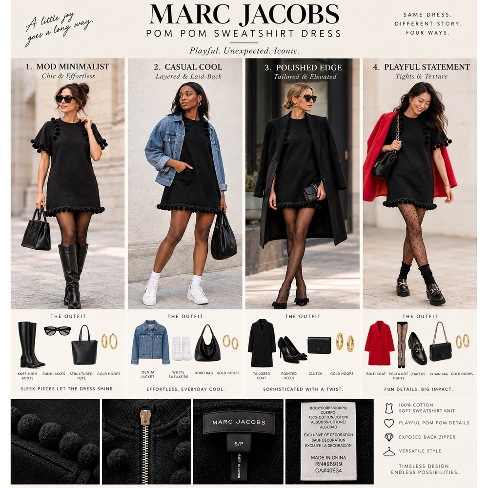 Marc Jacobs Black Pom Pom Sweatshirt Dress S Cotton Runway Mini Pocket